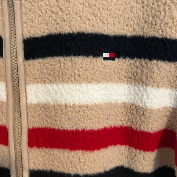 Tommy Hilfiger Women's Tan Teddy Jacket with Red and Black Stripes - Picture 4 of 5